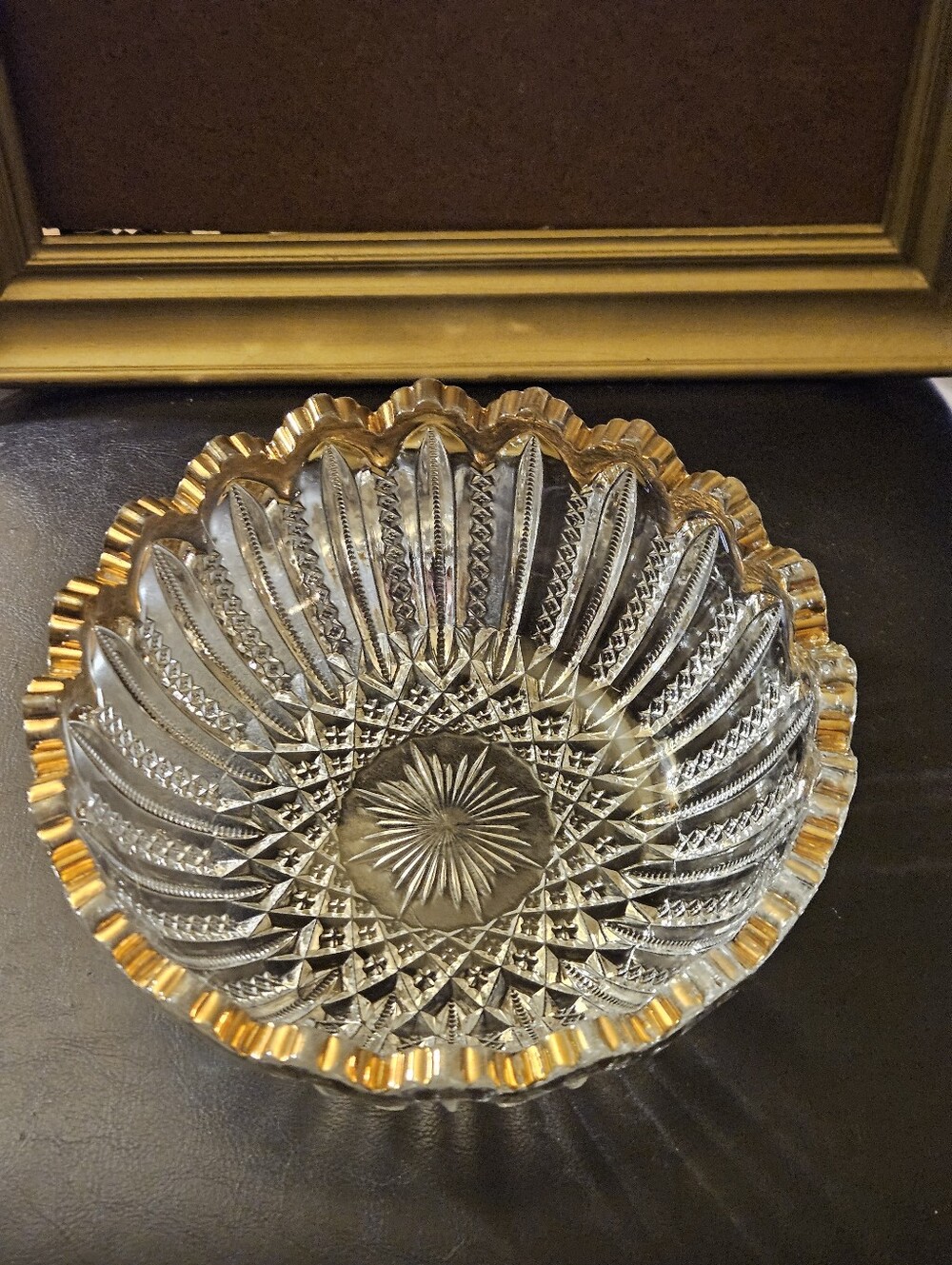 EAPG Elegant Duncan Glass Mardi Gras Footed Berry Bowl with Gold Gilt Edging